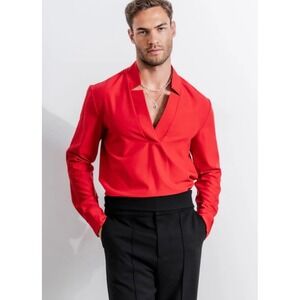 ORTTU Men's Star Neck Shirt Long Sleeve Red Size XL